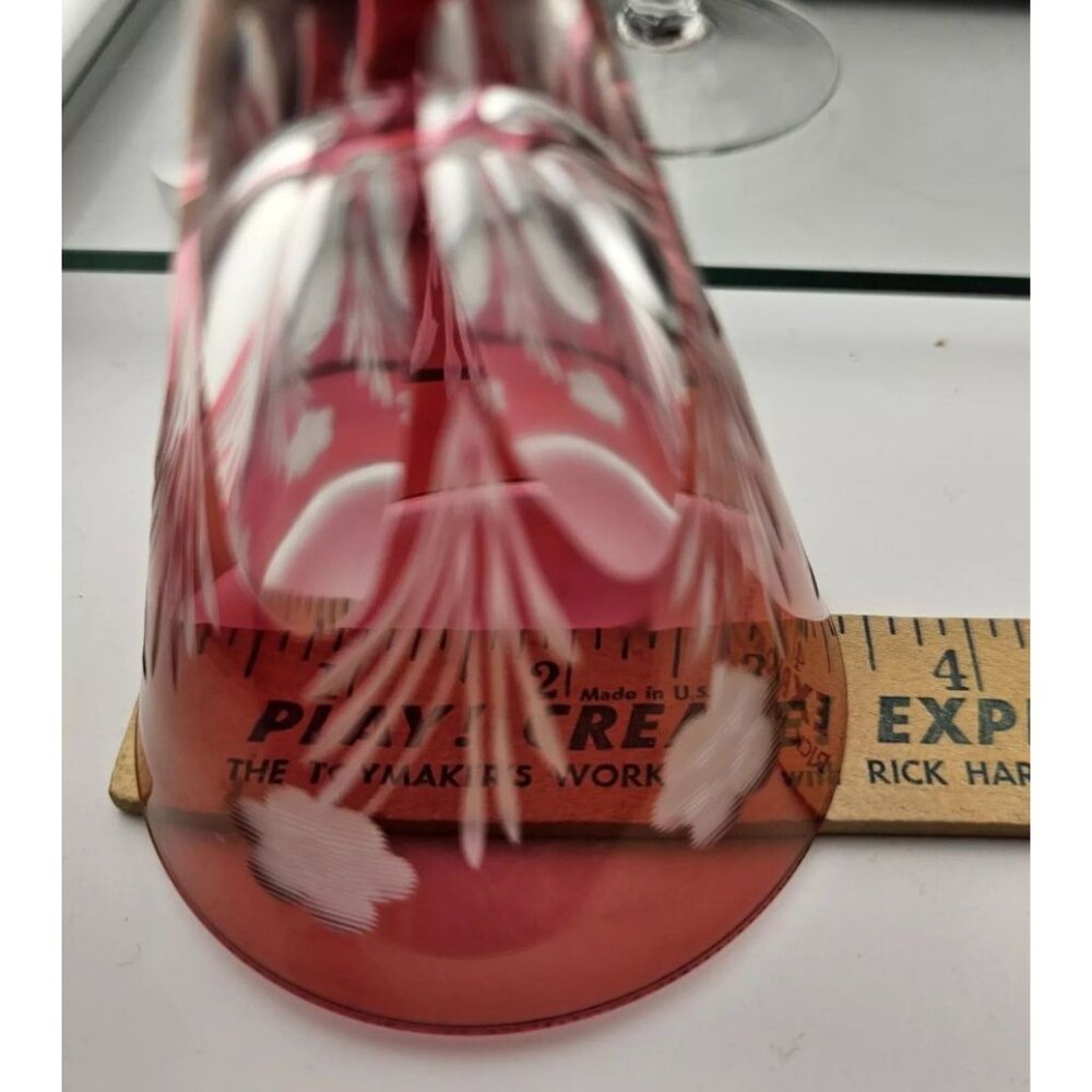 6 Italian Cranberry Glass Cut to Clear Cocktail Glasses 6" Italy floral cut glas - Picture 8 of 8